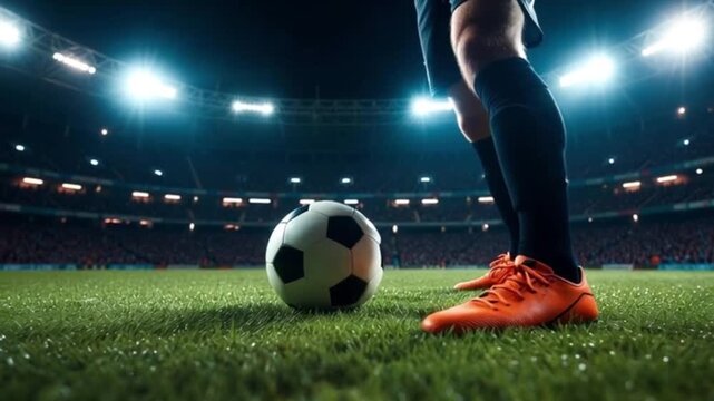 A soccer player in action, preparing to kick the ball on a green stadium field. The bright stadium lights illuminate the scene, creating an exciting atmosphere.