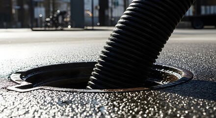 Flexible hose inserted into a manhole for trenchless pipe relining, representing sewer repair and no-dig pipeline restoration. Illustration |  photo 