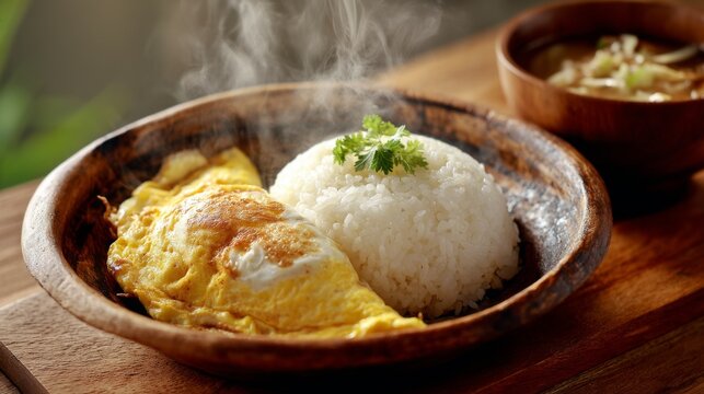 Delicious steaming omelet served with fluffy white rice and a small bowl of soup on a rustic wooden table, perfect for a hearty breakfast or lunch meal