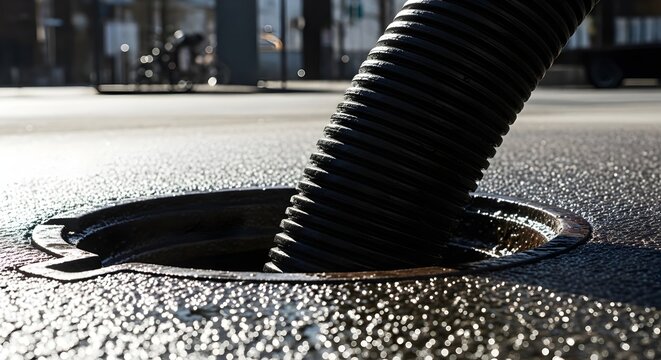 Flexible hose inserted into a manhole for trenchless pipe relining, representing sewer repair and no-dig pipeline restoration. Illustration |  photo 