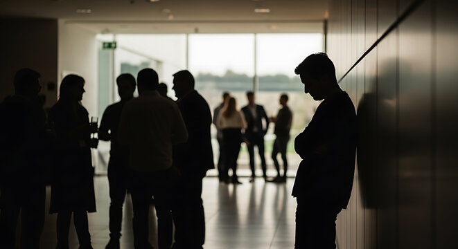 Introvert Leaning Against Wall Abstract Style for Social Phobia Illustration, introversion, and the emotional struggle of feeling alone in a crowded corporate or social environment.