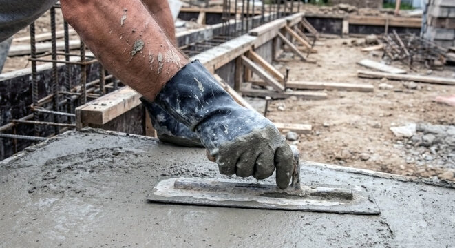 Construction worker finishing wet concrete surface with trowel at industrial building site