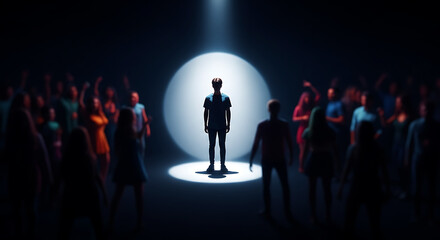 Lonely Person in Dark Room Minimalist Style for Mental Health Awareness, social anxiety, stage fright, and the overwhelming pressure of being the center of attention in public spaces.