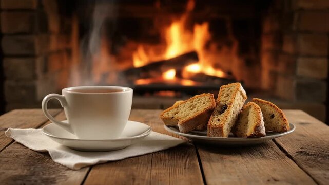 Cozy Fireplace Scene: Hot Tea and Biscotti for a Relaxing Winter Moment