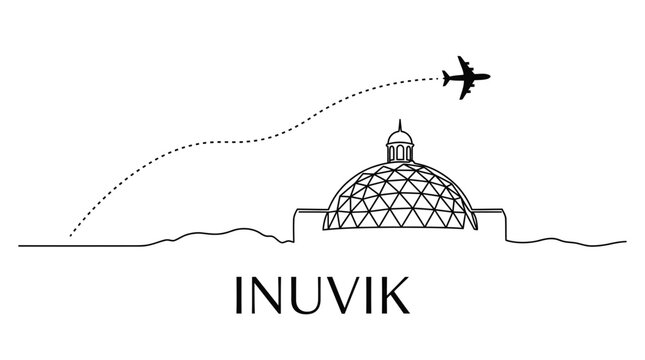 Inuvik landmark Igloo Church and airplane flight vector illustration