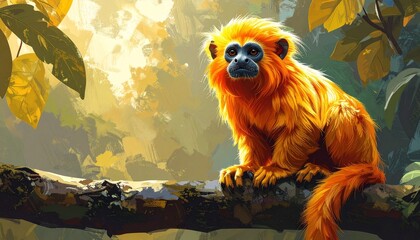 Golden snub-nosed monkey sitting on branch in lush green forest sunlight wildlife portrait