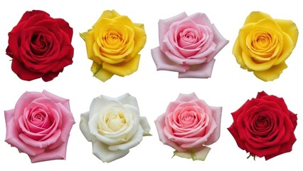 Isolated vibrant roses of varying colors arranged in two rows, petals in full bloom