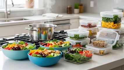 Kitchen scene shows prepared food salads in bowls, containers, and a pot steaming on a stove