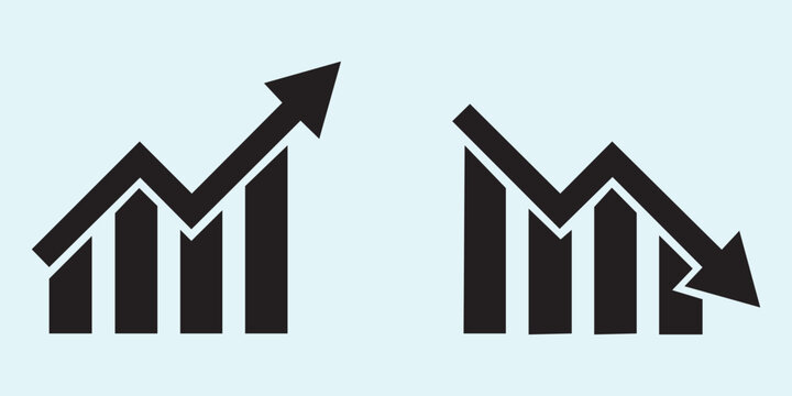 Graph going down and up sign with green and red arrows, vector illustration of bar chart symbols, depicting sales decrease and growth, ideal for business analytics, financial reports 