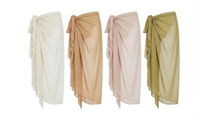 Collection of four sheer, flowing sarong wrap skirts with delicate ruffled edges, presented in cream, beige, dusty rose, and olive green.