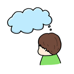 何かを想像している子供の後ろ姿のイラスト（空の吹き出し付き）