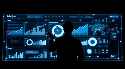 Silhouette engaging with a futuristic digital interface, showcasing dynamic data visualizations, business intelligence charts, and technological analytics