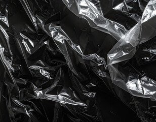 Black and transparent crumpled plastic film, abstract, reflective, and textured