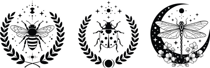 Mystical Insect Emblem Illustration Set with Bee, Ladybug, and Dragonfly in Moon and Laurel Wreath Symbols for Vintage Tattoo and Nature Designs © Minara