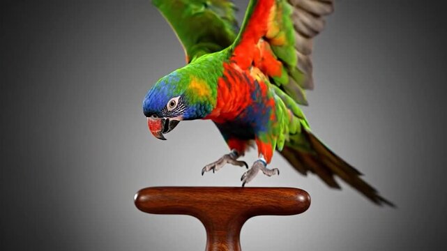 A colorful lorikeet perches on a polished wooden perch