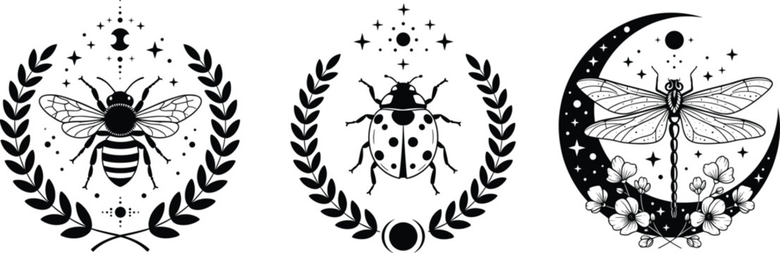 Mystical Insect Emblem Illustration Set with Bee, Ladybug, and Dragonfly in Moon and Laurel Wreath Symbols for Vintage Tattoo and Nature Designs
