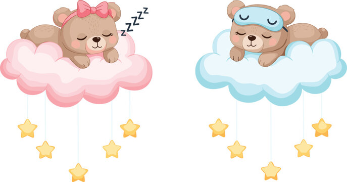 Cute Sleeping Teddy Bear Illustration Set on Clouds with Stars, Kawaii Nursery Characters for Baby Room Decor, Kids Design, and Dreamy Childhood Themes