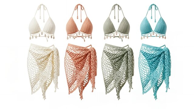 Set of four vibrant crochet net bikini and matching wrap skirt sets, featuring charming shell details, in cream, coral, sage green, and light blue.