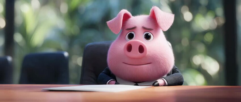 Cute 3D cartoon pig character wearing business suit sitting on office desk, funny corporate mascot concept.