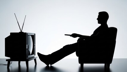 Silhouette of a person reclining in a chair, watching a vintage television, holding a remote