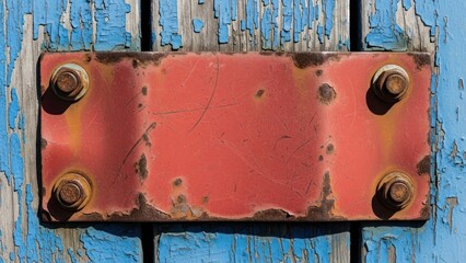 Rusty red metal plate secured by bolts on weathered, peeling blue painted wood