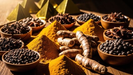Spices and turmeric root displayed in wooden bowls on a brown surface. Overhead shot with lighting