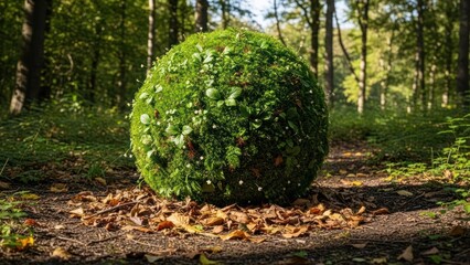 Spherical mass of vegetation rests on forest floor trail, sunlight filtering through trees