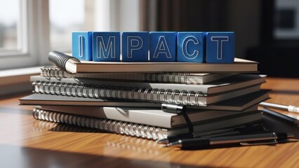 Stacked notebooks with "IMPACT" spelt with blocks on a desk, next to a window