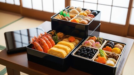 Traditional Japanese New Year food arranged in black boxes on a table