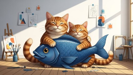 Two cartoon cats hug a blue fish in an art studio, smiling happily