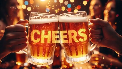 Two hands toasting large beer mugs, "CHEERS" overlay. Other people, bokeh, celebratory