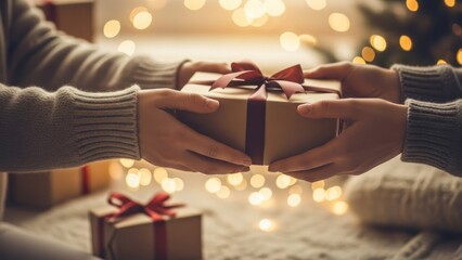 Two pairs of hands exchanging a wrapped gift box, glowing lights in the blurred background