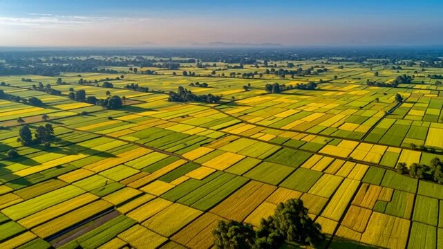 Aerial View of Agricultural Fields with Varied Crop Stages and Trees