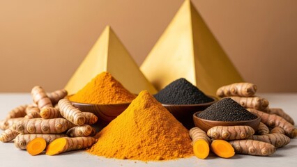 Vibrant turmeric & black powder with fresh roots, pyramids, in bowls. Health concept