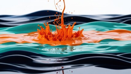 Vivid splash of orange liquid exploding upon layers of teal, orange and dark water waves