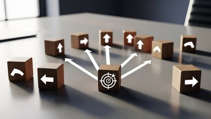 Wooden cubes with arrows and target symbol representing diverse directions and a common goal