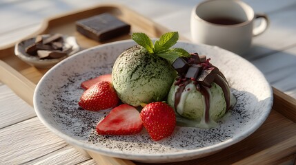 Matcha or avocado ice cream with fresh strawberries and chocolate in a rustic wooden tray cafe menu