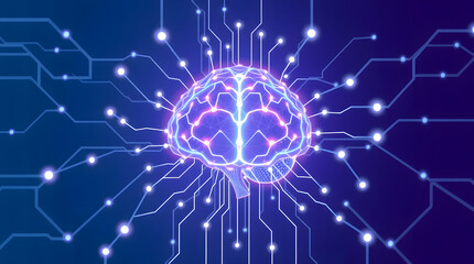 A glowing digital brain, intricately connected by a luminous neural network, representing the core concept of artificial intelligence, advanced computing, and future technology