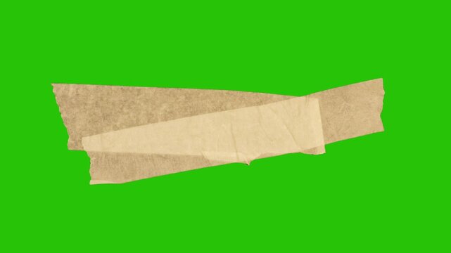 Two translucent masking tape strips crossing in stop motion on green screen, forming a taped cross for blocking, warning or ripped marks.