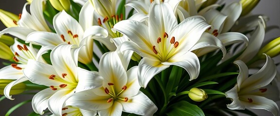 Obraz premium Elegant white lilies arranged in a bouquet, lush and pristine, sympathy, petal
