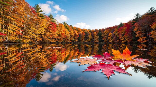 Beautiful Autumn Forest Reflected in Calm Lake with Floating Maple Leaves