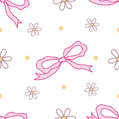 Pastel Pink Bow and Daisy Flower Seamless Pattern.
