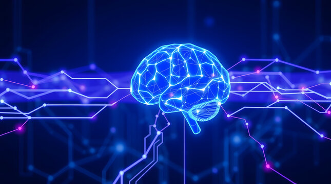 Futuristic concept of artificial intelligence, a glowing human brain with neural connections, representing advanced data processing and innovative technology - Powered by Adobe