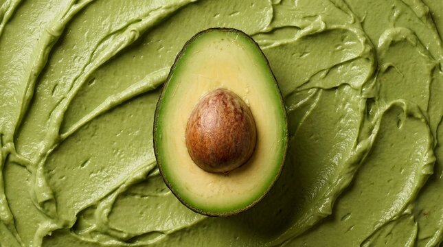 Fresh avocado half with seed on mashed avocado texture background. Top view of ripe green fruit cut open on creamy guacamole spread.