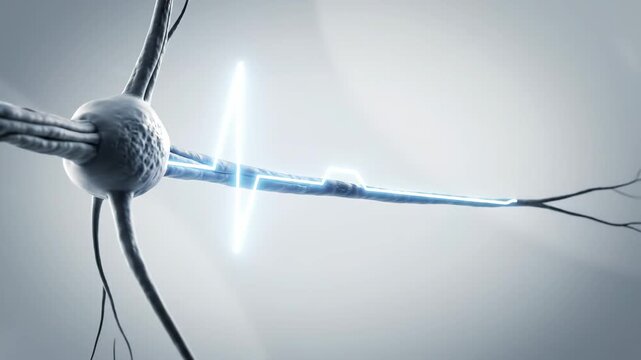 Detailed 3D animation of a neuron showing an electrical impulse traveling along its axon.