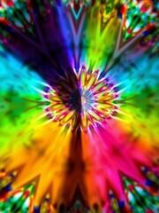 Obraz premium Kaleidoscopic fractal burst radiating intense chromatic energy, viewed through a warped lens, texture, kaleidoscope