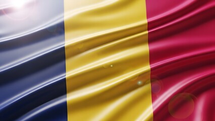 Obraz premium Waving flag of Romania with vibrant blue, yellow, and red vertical stripes and a glossy, silky texture.