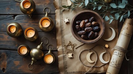 Rustic Ramadan Still Life with Dates, Lanterns, Candles and Arabic Calligraphy (2)