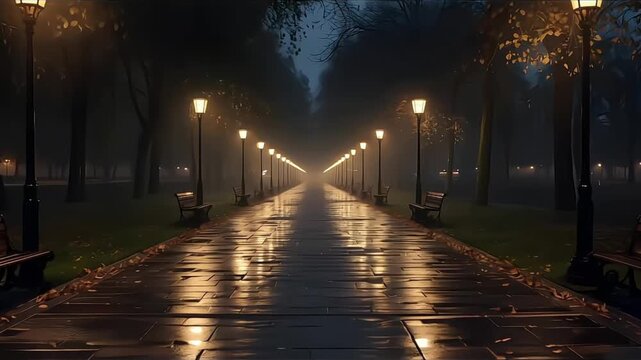 Cinematic Night Park Pathway After Rain With Warm Street Lights Reflections And Calm Moody Atmosphere