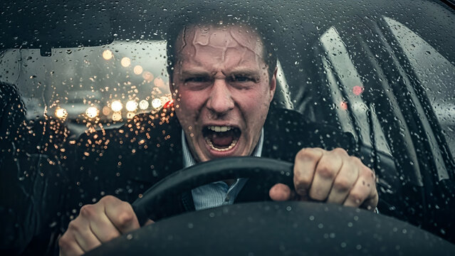 Person driving aggressively in rain, frustrated with traffic, hands gripping steering wheel